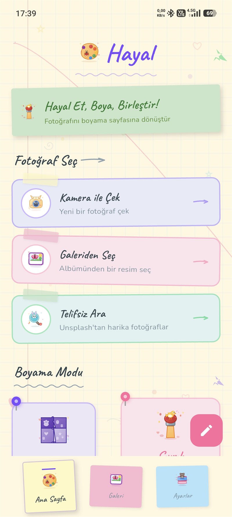 Hayal Boyama — home screen