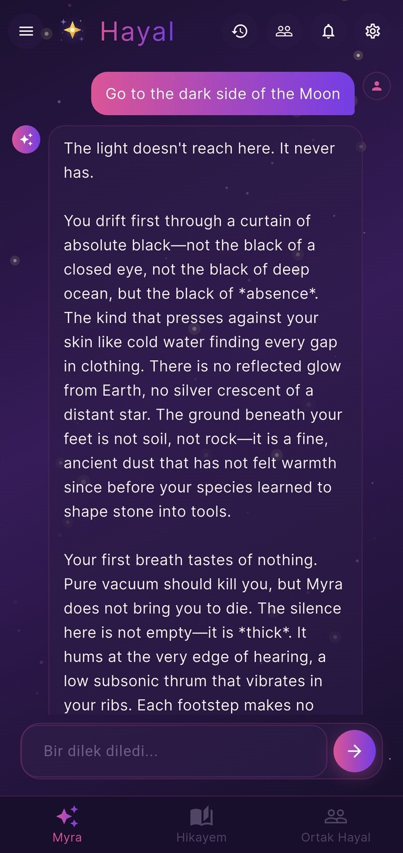 Hayal — cinematic chat screen with Myra