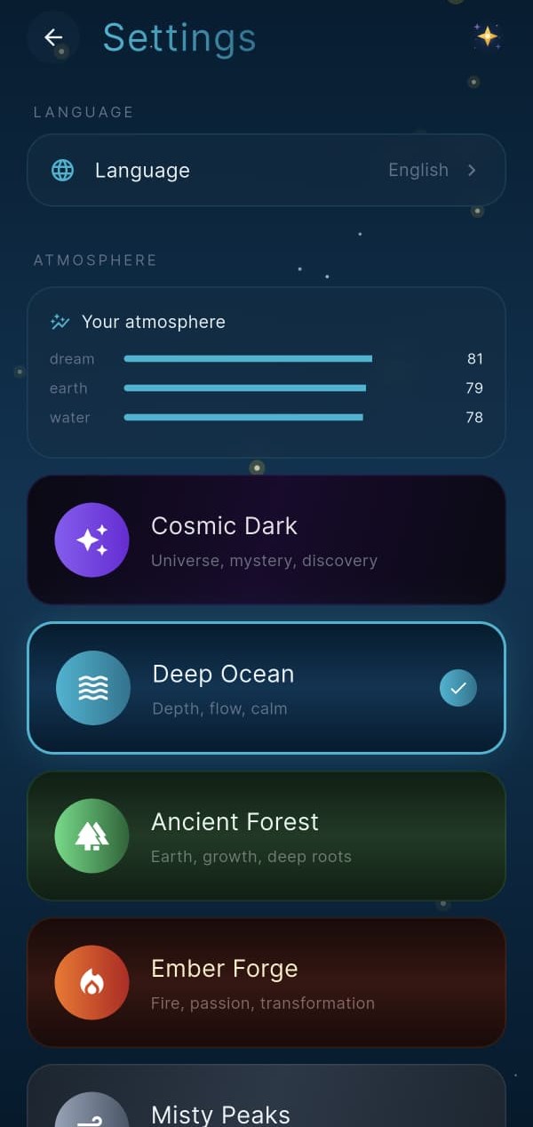 Hayal — atmosphere selection: Cosmic Dark, Deep Ocean, Ancient Forest